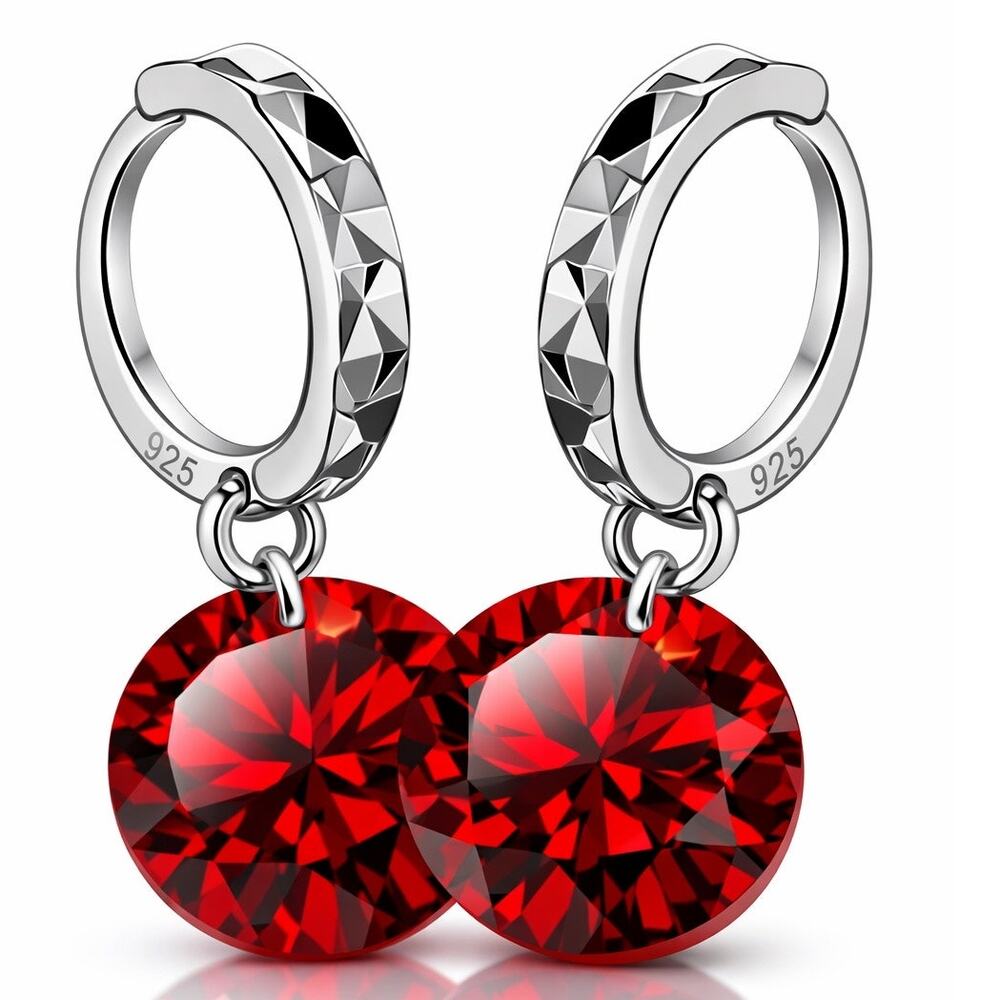 925 Sterling Silver Hoop Earrings Red Gemstone Dangle Jewelry